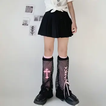 Japonijos Jk Harajuku Gothic Punk Vasaros Orui Blauzdos Kojines, Tamsiai Moteris Ilgai Y2kHollowed Iš Kojos Puskojinės Kryžiaus Dirželis Kojinės Nuotrauka