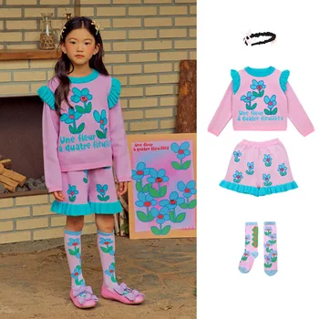Korėjos Mergaičių Megztiniai Nustatyti 2023 M. Rudenį Naujų Mados Mergaičių Megztinis Megztinis Medvilnės Megzti Pink Gėlių Spausdinti Hoodies Kostiumas Vaikas Nuotrauka