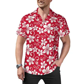 Tropinių Gėlių Laisvi Marškinėliai Vyrams Atostogų Raudonos Gėlės Atsitiktinis Marškinėliai Havajų Grafinis Trumpas Rankovės Derliaus Negabaritinių Palaidinukės Nuotrauka
