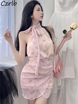 Spausdinti Mini Suknelės Moterims, Grakštus Fairycore Vasaros Moterų Sexy Pusė, Aukštos Apykaklės Populiarus Korėjos Stiliaus Imperijos Atsitiktinis Švelnus Ins Nuotrauka