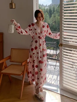 Rožių Gėlių Spausdinti Ilgas Sijonas Namų Drabužiai Gilia V Seksualus Nightdress Elegantiška Rausvos Moterų Pižamą Ilgo Miego Dress Lady Pižama Nuotrauka