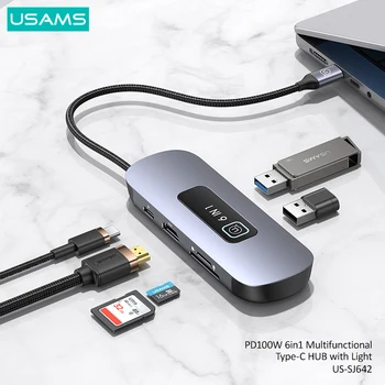 USAMS PD 100W 10 1 Tipas-C HUB Su Šviesos HDMI-USB 3.0 SD TF Adapteris Doko Stotis 