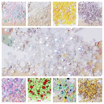 Kelių spalvų maišyti dydžių 3-10mm pusiau apskrito plastiko imitacija, perlų, deimantų nagų dekoravimo dervos pleistras karoliukai 