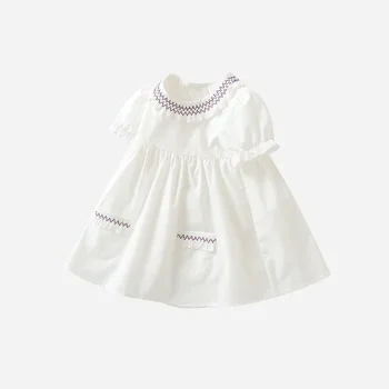 Baby Girl Dress Vasaros Mados vientisos Baltos Medvilnės Saldus Princesė Sijonas Kūdikis, Vaikas, Vaikų Elegantiškos Apvalios Apykaklės Drabužius + 2 Kišenės Nuotrauka