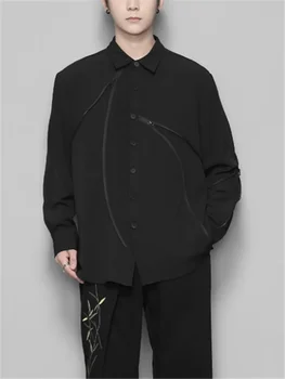 2023 Madingi vyrai originalus juoda Honkongo stiliaus asmenybės nereguliarus užtrauktukas sujungimas dizaino jausmas planktono gražus marškinėliai Nuotrauka