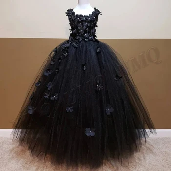 Patal Iš Viso Black Aline Bamblys Gėlių Mergaičių Suknelės Gimtadienio Kostiumai, Vestuvių Fotografija Suknelė Pritaikytos Pirmoji Komunija Nuotrauka