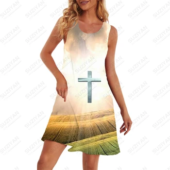 Vasarą nauju moterų berankovis suknelė Krikščionių Kryžius 3d Spausdinimo Moterų berankovis suknelė Populiarus moterų berankovis suknelė Nuotrauka