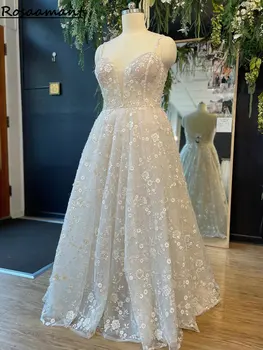 Realus Vaizdas Duobute Kristalų 3D Gėlių Nėrinių Vestuvių Suknelės-Line Iliuzija Spagečiai Dirželiai Boho Šalies Vestuvinės Suknelės Nuotrauka