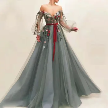 2023 Tamsiai Žalia yra Saldus Vienos Pečių vakarinę Suknelę ilgomis Rankovėmis Aplikacijos 3D Gėlių Tiulio-line Elegantiškas Saldus Porm Šalis Suknelės Nuotrauka