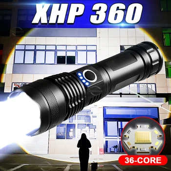 Galingas 36-ląstelių XHP360 LED Žibintuvėlis Didelio galingumo USB Įkraunamas Žibintuvėlis Super Ryškus Priartinimas Lauko Vandeniui Taktinės Pusės Žibintas Nuotrauka