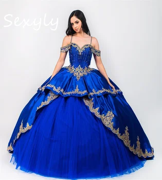 Gražus Royal Blue Quinceanera Suknelės 2023 Spageti Dirželiai, Uždusęs Vestidos De 15 Quinceañera Xv Meksikos Aukso Nėrinių Gimtadienis Nuotrauka