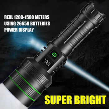 Super Ryškus LED Žibintuvėlis Įkraunamas Stiprios Šviesos Žibintai Didelės Galios Ilgo Nuotolio Taktinis Žibintuvėlis, Lauko Kempingas Žibintų Nuotrauka
