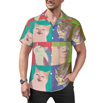 Keturių Meme Katės Paplūdimys Marškinėliai Juokinga Gyvūnų Spausdinti Havajai Atsitiktinis Marškinėliai Vyrų Streetwear Palaidinės Trumpomis Rankovėmis, Grafinis Viršūnes Didelio Dydžio Nuotrauka