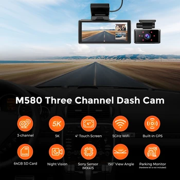3 Kanalo 5K 1080P Auto Video Kamera, G-Sensorius Automobilių DVR Loop Įrašymo Stovėjimo Ekranas IPS Jutiklinį Ekraną 150 Laipsnių Plataus Kampo WiFi Nuotrauka