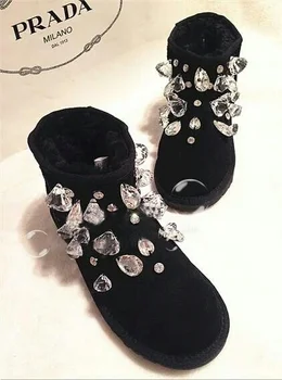 Naujas diamond-inkrustacijos karvės odos sniego batai Kristalų 