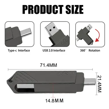 C TIPAS USB Flash Drive 2-IN-1 OTG Pen Ratai 256 GB 128GB 64GB Pendrive USB 2.0 Metalo vandeniui Memory Stick TIPO C Mobile Nuotrauka