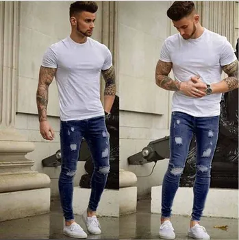 Europos ir Amerikos vyrų stora džinsinio žemės balta ir dėvėti mažos pėdos slim montavimo džinsus S---3XL Nuotrauka