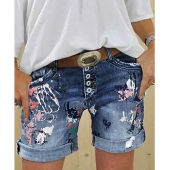 Moterų džinsus paaukštintu liemeniu džinsinio šortai prarasti plauti spausdinimo multi-mygtuką riesta karšto pants moterų gatvės kelnės Nuotrauka