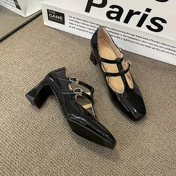 Elegantiškas prancūzų T-diržas seklių supjaustyti vieną batų moterims 2023 naujas storio vidutinio kulno aikštėje galvos dvigubas mygtukas Mary Jane moterims Nuotrauka