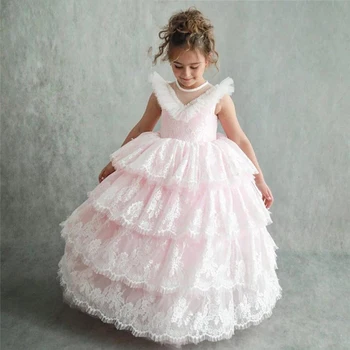 Rožinė Nėriniai Elegantiškas Gėlių Mergaičių Suknelės Kūdikiams Pakopų Vestuves Princess Gimtadienio Konkurso Chalatas De Demoiselle Užsakymą Pagaminti Nemokamai Nuotrauka