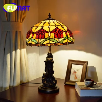 FUMAT Tiffany vitražas stalo lempos šviesą sielovados stiliaus raudona tulpė 