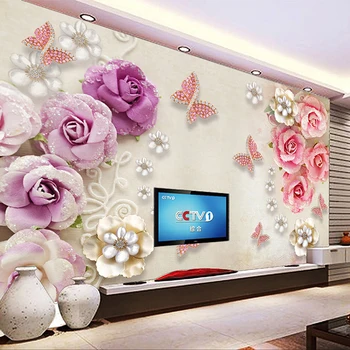 Pasirinktinis Dydis Foto Tapetai, 3D Europos Stiliaus Drugelis Gėlės Deimantų Papuošalai Sienų Tapybos TV Foną, Namų Dekoro Freskos Nuotrauka