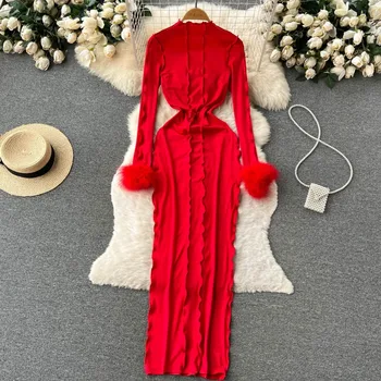 Kailinių Rankovių Vestidos De Mujer Vintage Red Ilgos Suknelės Moterims Slim Plisuotos Juosmens Wrap Klubo Seksualus 2023 M. Pavasarį Naujas Megztas Nuotrauka