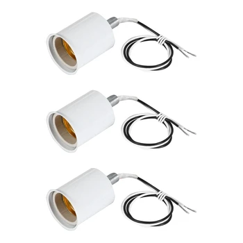 3X E27 Keramikos Varžtas Bazė Apvali Lemputė, LED Lempos Lizdas Laikiklio Adapterio Metalo Lempos Laikiklis Su Viela Balta Nuotrauka