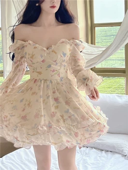 Rudenį Sweet V-Kaklo Gėlių Šifono Suknelė Moterims, Elegantiškas Ilgomis Rankovėmis Raukiniai Šalis Mini Suknelės Moterų Korėjos Prašmatnus Slim Vestidos Nuotrauka