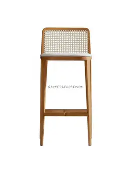 Šiuolaikinės Kinų medžio masyvo baro kėdės ir rotango atlošas, baro kėdės Nordic light luxury baro kėdės aukštos kėdės buitinės aukšto Nuotrauka