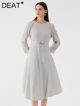DEAT Vidutinio Ilgio Plisuotos Suknelė Moterų Mada Moterims Linijos, Elegantiškas Diržas Ponia prancūzų Stiliaus Rudens Mados vientisos Spalvos 15KB2320 Nuotrauka