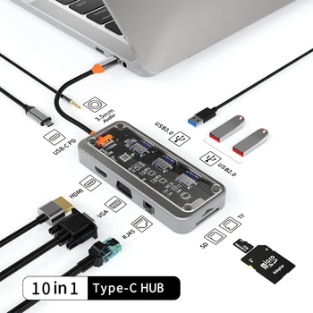 Skaidrus USB C HUB RJ45 Tinklo Prievadą, PD100W C Tipo STEBULĖS Docking Station USB C Splitter C Tipo HDMI-suderinama Adapteris Nuotrauka