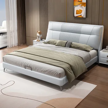Šviesos prabangus modernaus minimalistinio oda lova, miegamojo king lova, 1.8 m dvigulė lova, high-end atmosferos saugojimo oda lova Nuotrauka