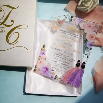2mm Levandų Saldus XV Quinceanera Gimtadienį Kviečia Akrilo Rožinė Princesė Individualų Asmeninį Vestuvių Kvietimai Drugelis Nuotrauka