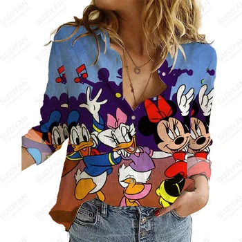 Moteris Ilgomis Rankovėmis Palaidinė Laisvi Marškinėliai Temperamentas Disney Mickey Minnie Grandines Spausdinti Prarasti Atsitiktinis Biuro Marškinėliai Atsitiktinis Nuotrauka