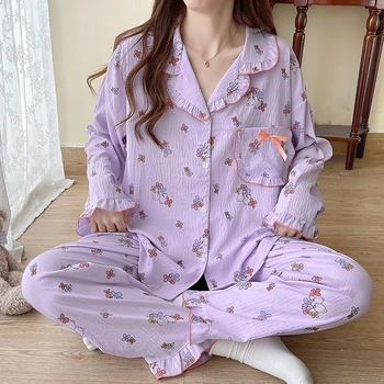 Plus Size Pajama Mujer Vyšnių Spausdinimo Sleepwear Nustatyti Long Sleeve Top+Kelnės Pynimas Homewear Odos Draugiškas Kvėpuojantis Nuotrauka