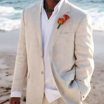 Smėlio spalvos Lino vyriški Kostiumai Vasaros Paplūdimio Vestuvių 2 Gabalas Amerikietiško Stiliaus Striukė su Kelnių Jaunikis Tuxedos Vyrų Mados 2023 Nuotrauka