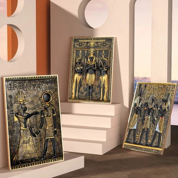 Juoda Aukso Senovės Egipto Meno Spaudiniai 3D Plakatai Faraonas Ir Jo Maidens Drobės Sienų Tapyba Už Kambarį, Dekoratyvinis Nuotraukas Nuotrauka