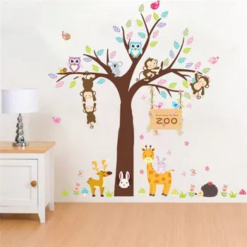 Zoo Gyvūnų Didelis Medis Sienų Lipdukai Vaikų Kambario Lopšelis Namų Dekoro Animacinių Filmų Owlet Žirafa, Beždžionė 