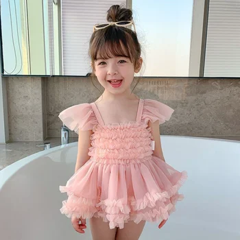 Vaiko Gimtadienis Tinklelio Suknelė Baby Girl Mini Princesė Suknelė Naujas Vasaros Rožinis Diržas Rankovių Appliques Drabužiai, maudymosi Kostiumėliai, Nuotrauka