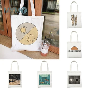 Sun Moon Knygų Moterų Drobės Pirkinių Krepšys Moterų Medžiaga Pečių Krepšiai, Ekologinio Rankinę Nešti Daugkartinio Naudojimo Shopper Bags Kelionės Reikmenys Nuotrauka