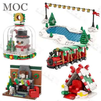 Kalėdinė Dekoracija SS Blokai Žiemos House Čiuožykla Traukinio Santa Claus Sosto Modelių Surinkimo Plytų Žaislai Vaikams Nuotrauka