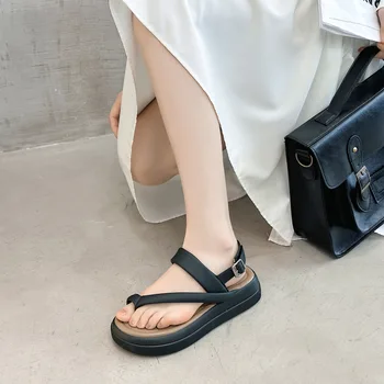 Smėlio Obcasie Sandalai Fifo Platforma Slip-on Mokasīni, Vasaros Moterų Keksas, batų Pavasario Bateliai Juodos spalvos Koregavimo Elastinės Juostos Nuotrauka