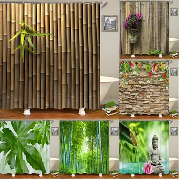 Aukštos Kokybės Žalia Bambuko Audinio Dušo Užuolaidos Vandeniui Augalų lapai Vonios Užuolaidos Vonios kambariui Papuošti su 12 Kabliukų Nuotrauka