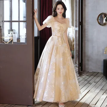 Prancūzijos Vakarinę Suknelę Moterims, Elegantiškas Šampanas Sluoksniuotos Rankovėmis Princesė Chalatai Prabangių Pokylių-Line Ilgai Oficialią Suknelės, Šaliai Nuotrauka