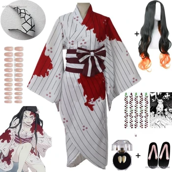Anime, Manga Žaidimas Demon Slayer: Yaba Cosplay Kostiumų Perukas Geta Balta Kraujuotas Kimono Helovinas Vienodos Nuotrauka