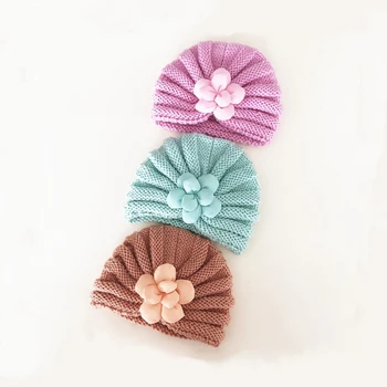 Rudenį, Žiemą Baby Girl Gėlių Megzti Skrybėlę Vaikai Kepuraitė Dangteliai, nuo 1 iki 2 Metų Nuotrauka