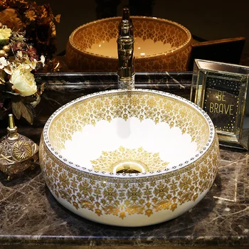 famille rose porceliano keramikos praustuvas turas su aukso modelio dizainas, vonios kriauklės Nuotrauka