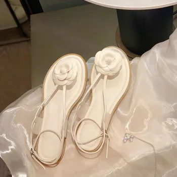 Camellia Sandalai Naujas Mažas Kvapnių Stiliaus Kojų Tvirtinimo Dirželis plokščiadugnis Moterų Batai Plonas Dirželis plokščiadugnis Sandalai Nuotrauka