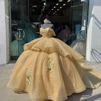 Aukso Quinceanera Suknelės 2023 Brangioji Backless Nėrinių Aplikacijos Su Gėlių Ilgas Saldus 15 16 Gimtadienio Kamuolys Suknelė Prom Šalis Nuotrauka
